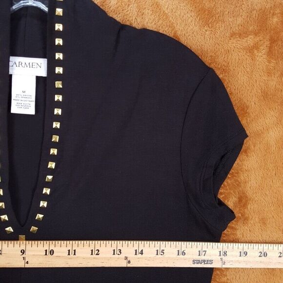 CARMEN MARC VALVO Womens Top Medium Black Pullover Studded VNeck Stretch Rayon - Picture 4 of 6